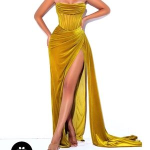 Priya Gold Draping Corset High Slit Velvet Gown